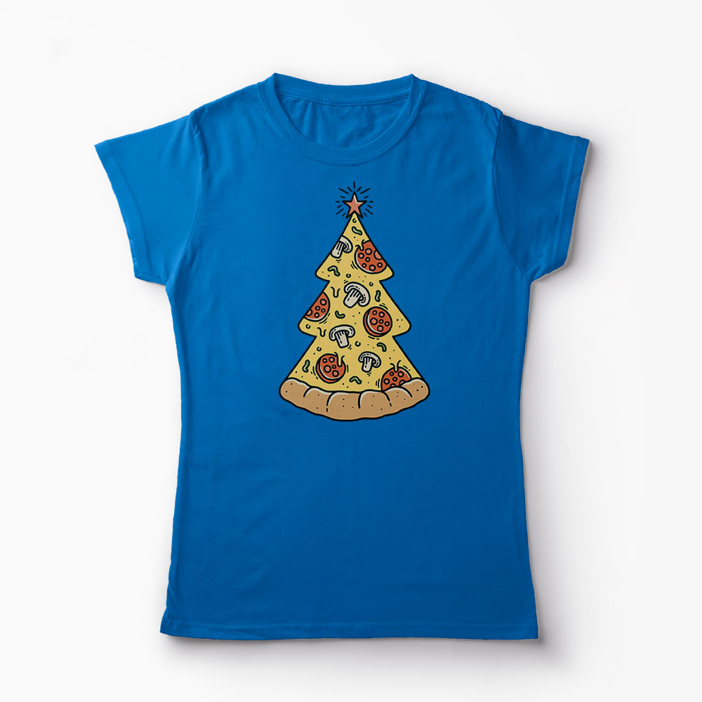 Tricou Brad Craciun Pizza - Femei-Albastru Regal